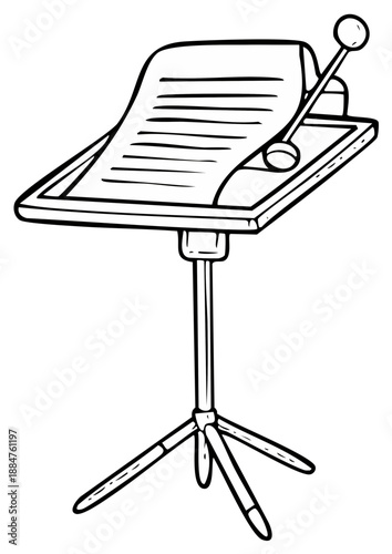 Simple Line Drawing of a Music Stand with Sheet Music Open and a Baton