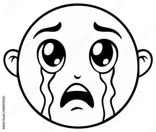 Cartoon Emoticon Showing Intense Sadness, Tears Streaming Down Face, and a Distraught Expression in black and white