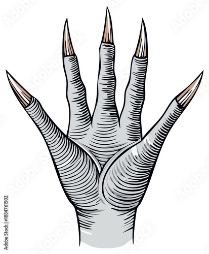 Illustration of a reptilian hand with long sharp claws, detailed artwork