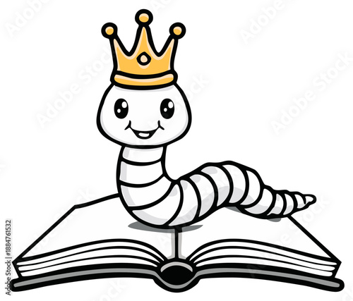 Charming King Worm Emerges from an Open Book Symbolizing Learning and Royalty