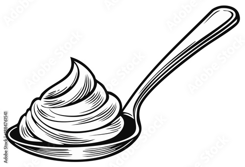 Creamy swirl of whipped topping served on a spoon in an engraved illustration