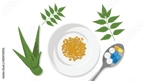 Composition showcasing fenugreek seeds in a bowl, flanked by aloe vera and neem leaves, with various medical pills on a spoon, representing holistic health.