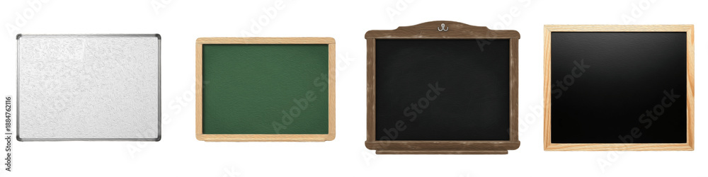 Obraz premium Isolated Chalkboard and Whiteboard PNG Set, Blank Green Blackboard and Black Notice Board Templates with Wooden Frames, Realistic Office and School Stationery Bundle