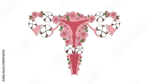 Artistic depiction of a female uterus and fallopian tubes adorned with delicate pink roses and cotton blossoms, symbolizing reproductive health and femininity.