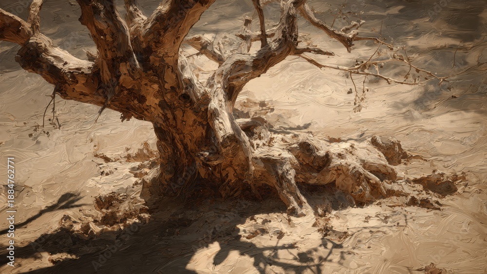 Obraz premium Arid Tree in Desert Landscape Oil Painting