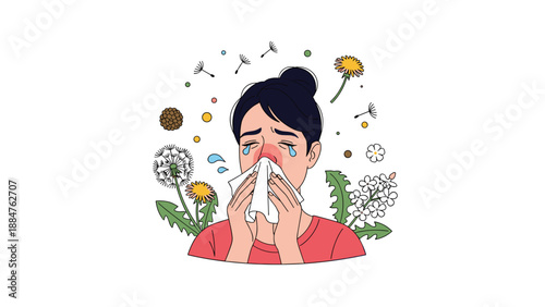 Woman sneezing into a tissue with a red, irritated nose, surrounded by dandelions and flying pollen, effectively illustrating hay fever and allergy discomfort.