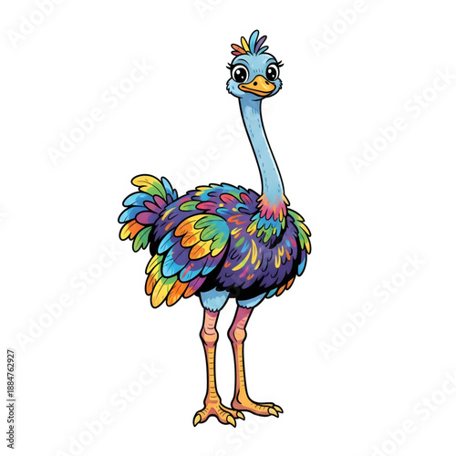 Colorful Rainbow Ostrich Cartoon Illustration Isolated on White