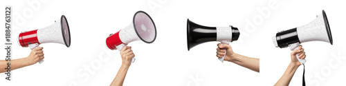 Photos Megaphone Hand PNG Set, Isolated Realistic Bullhorn Loudspeaker Bundle, Person H