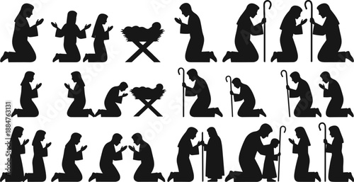 Nativity silhouette collection showing people kneeling, praying and worshipping with baby in manger, religious Christmas scene vector illustration design