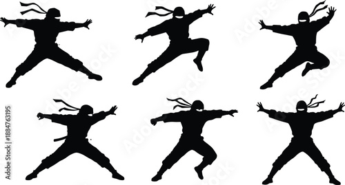 Ninja silhouette, martial arts action, karate fighter, kung fu stance, samurai warrior, combat training, stealth movement, japanese culture, dynamic pose, agility