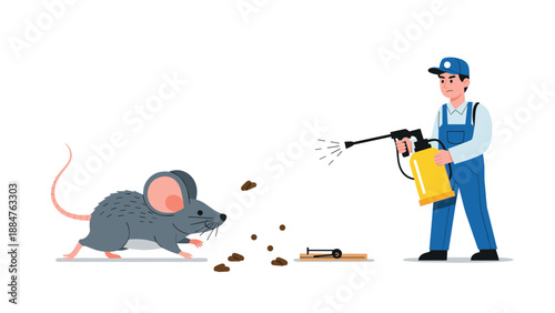 Pest control worker in a blue uniform holding a sprayer, confronting a fleeing gray rat near a trap, illustrating a rodent extermination attempt.