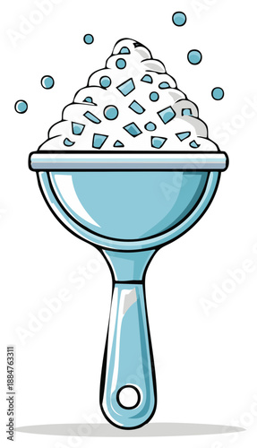 Strainers holding fluffy foam with cube shapes, isolated colander with handle filled white airy substance.