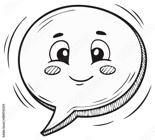 Happy cartoon speech bubble character with smiling face and blush marks hand drawn sketch