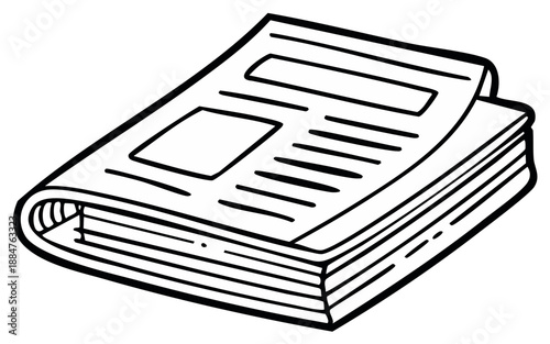 Folded Newspaper Illustration: Monochrome Outline of Newsprint, Headlines and Articles, Information Delivery Concept