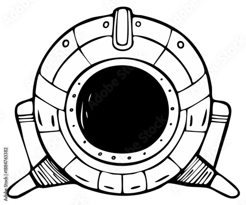 Vintage diving helmet with large dark porthole and protective rim