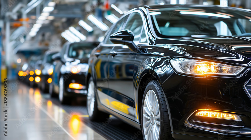 Obraz premium Shiny black cars aligned assembly, line brightly lit, factory reflective surfaces, precision machinery modern, automotive manufacturing process, display production moment, with cop