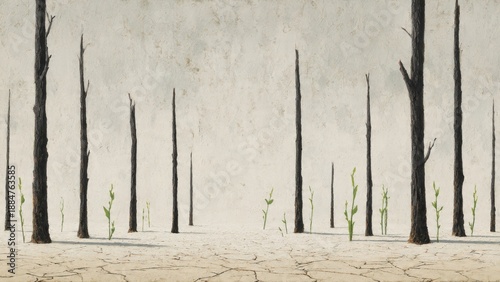 Desolate landscape with burnt trees and new growth