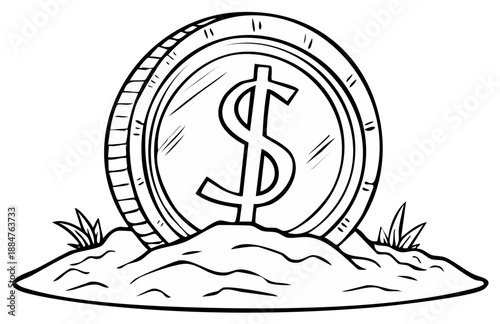 Cartoon Coin on a Mound of Earth with Dollar Sign Currency Concept Simple Outlined