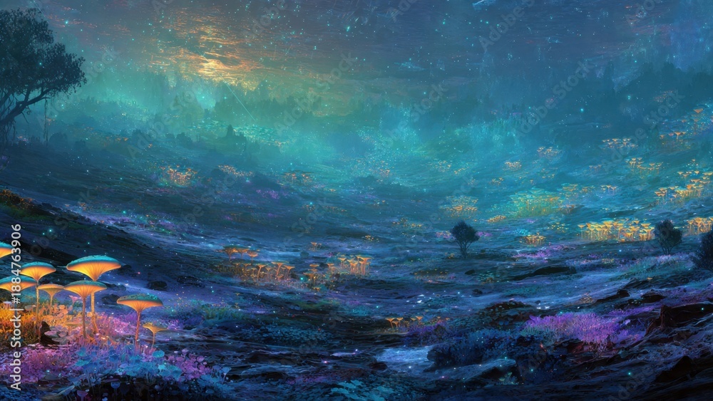 Naklejka premium Fantasy landscape with glowing mushrooms