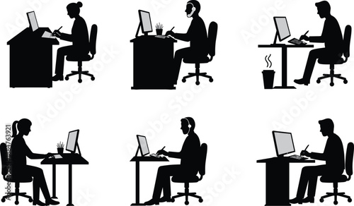 Office worker silhouettes, computer desk work, writing notes, business tasks, workplace productivity, remote job, corporate environment, technology use, vector design