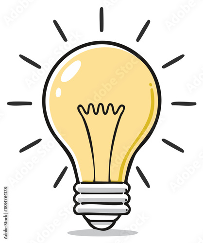 Bright idea concept represented by a glowing doodle light bulb with radiating light beams