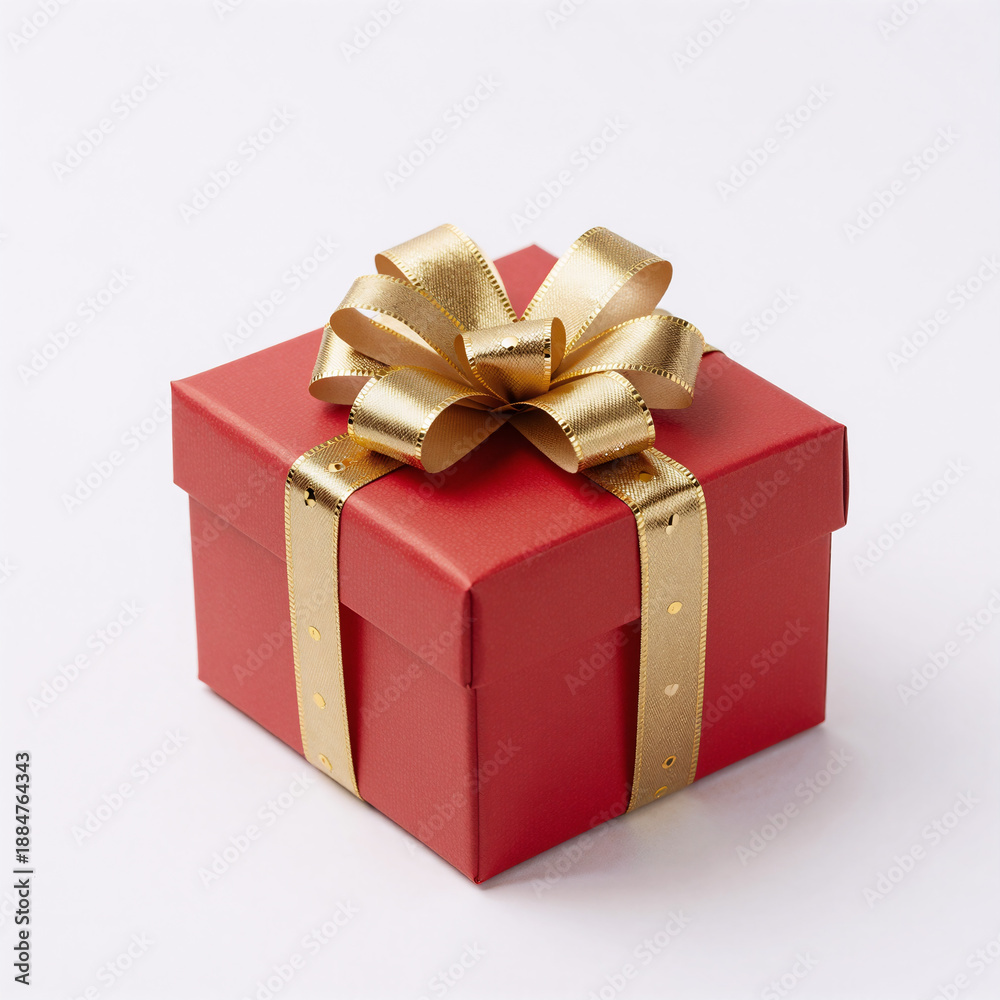 Fototapeta premium Red gift box with golden ribbon and bow on a white background for a special occasion