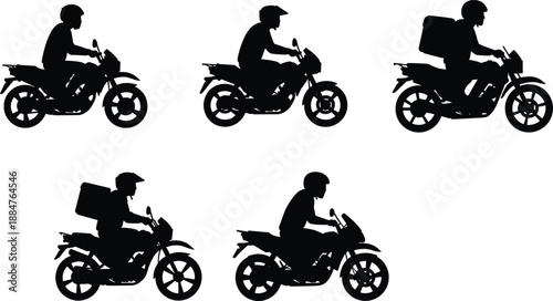 Motorcycle delivery riders silhouette, courier service illustration, helmet safety concept, urban transport, logistics workforce, black vector graphic, isolated design