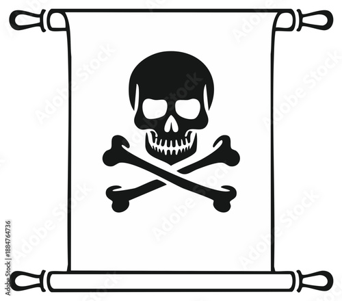 Pirate flag scroll illustration, skull and crossbones symbol for piracy and danger, danger concept
