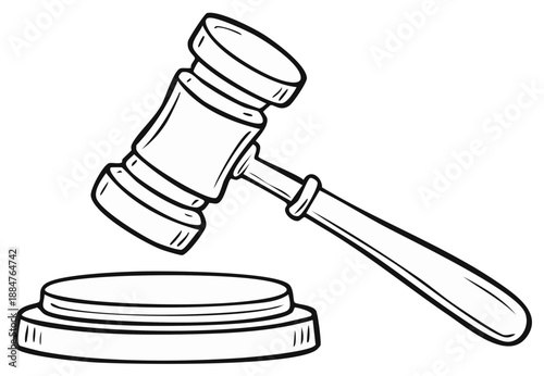 Monochrome vector sketch of a gavel raised above its sounding block representing justice, law and order in a cartoon style.