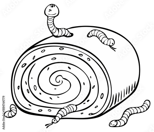 Cartoon Swiss roll cake with playful worms crawling on it in black and white