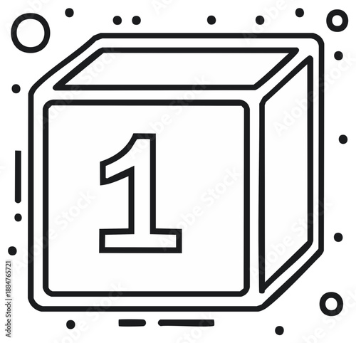 Single cube block with Number 1: Educational toy, vector illustration in outline style for learning game.