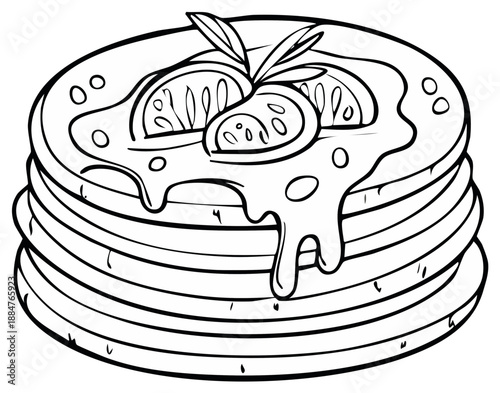 Hand-drawn pancake stack illustration with slices of fruit and drizzle of topping