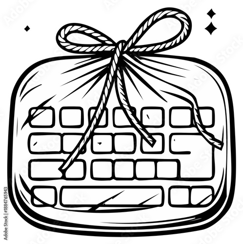 Computer Keyboard Wrapped in Plastic and Tied with a Bow, Hand-Drawn Illustration