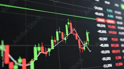 Stock market graph with green and red bars on a black background with white grid lines and numbers