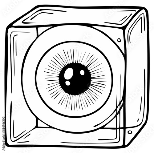 Eyeball in a clear cube outline drawing concept of surveillance vision or oddity