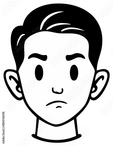 Close-up cartoon illustration of a man's face with a confused or worried expression in black and white