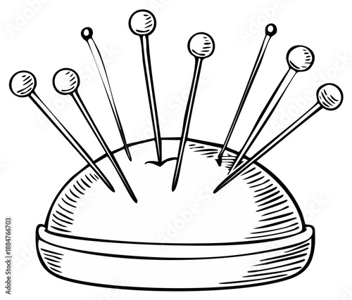 Black and white illustration of sewing pin cushion holding several pins, sewing, craft