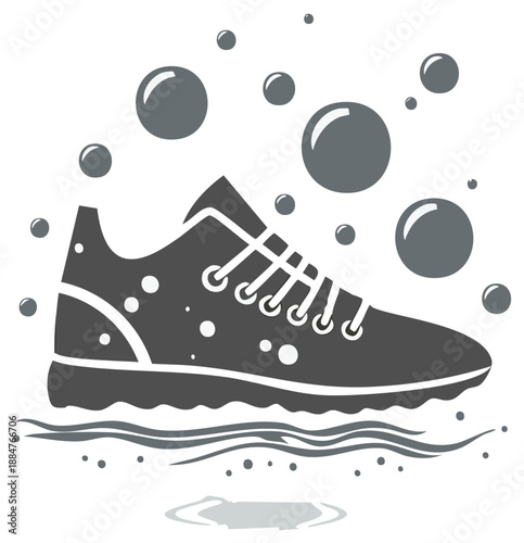 Athletic shoe being cleaned with soap bubbles and water splash graphic illustration