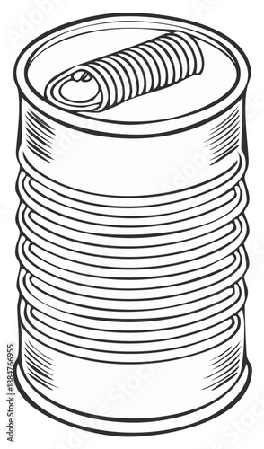 Simple Line Art Drawing of a Closed Food Can with Ribbed Texture and Pull Tab ready to open