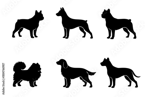 Set of black dog breed silhouettes in side view, different sizes and poses. Minimal flat vector pets collection for logo design, adoption ads, training guides and veterinary services.