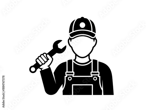 A nice and simple mechanic or repairman holding a wrench icon worker in silhouette overalls and cap simple silhouette for service or maintenance concept