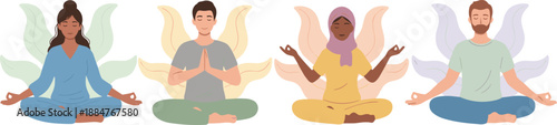 Diverse People Meditating Illustration Set Featuring Calm Yoga Poses and Mindfulness Practice in Flat Vector Style