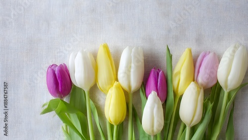 Vibrant tulip bouquet of white, yellow, purple, pink blossoms with green leaves lying on textured linen background showcasing fresh spring floral elegance.