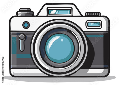 Illustrated classic camera in vector art style, showing lens and detail