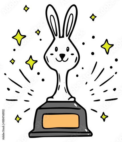 Rabbit trophy drawing with star elements, winner prize illustration in doodle style