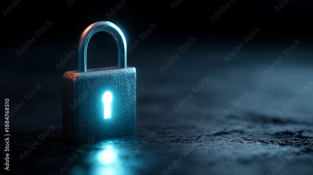 Fototapeta premium Lock with a blue light shining in a dark setting