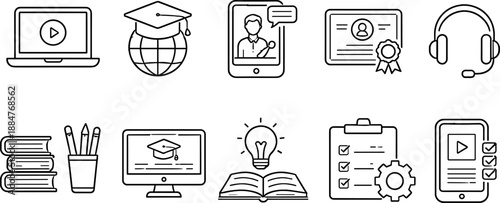 Set of black line icons representing online education and e-learning including laptop, video player, virtual class, mobile learning, digital book, headset, checklist, certificate, global graduation, a