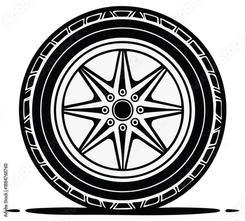 Detailed Wheel Graphic with Radial Spokes and Thick Tread for Automotive Themes