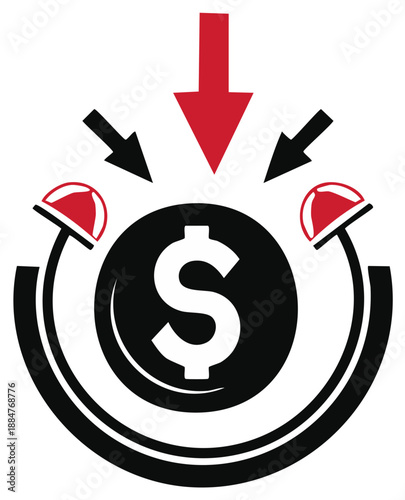 Red arrows point to a dollar coin symbolizing financial loss investment risk and financial decline