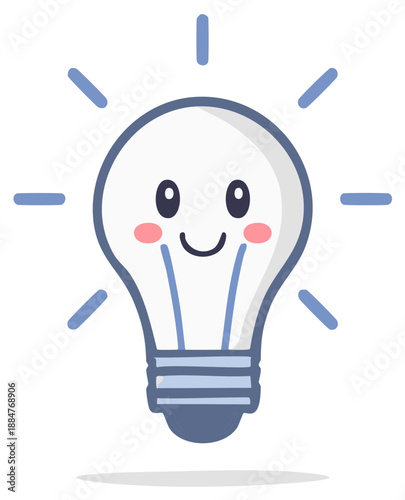 Smiling lightbulb character with pink cheeks radiating energy, creative inspiration